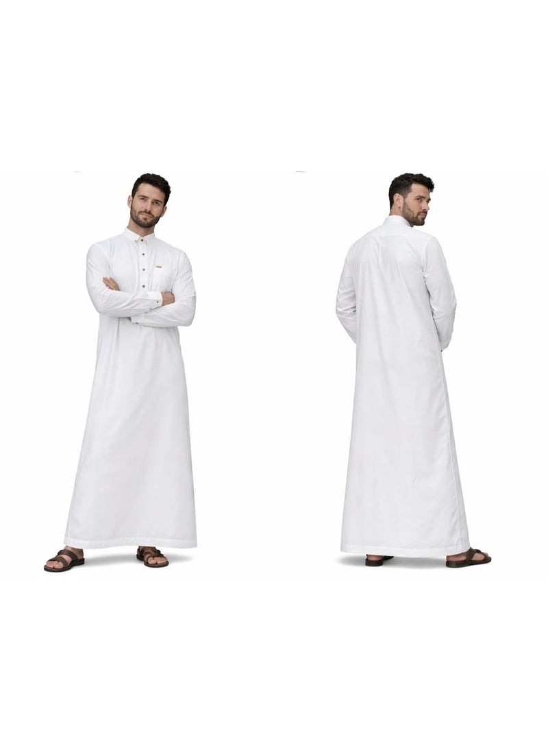 ثوب إماراتي فاخر للرجال، أبيض، بأكمام طويلة، ياقة تقليدية مخيطة يدويًا، إغلاق بأزرار، مقاس 58 متوسط - Image 1